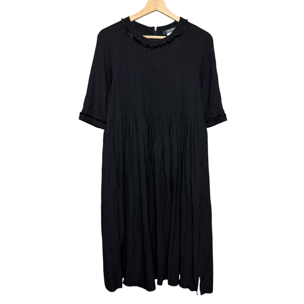S Max Mara Pleated‎ Knee Length Dress Black 10 Minimalist Designer Career